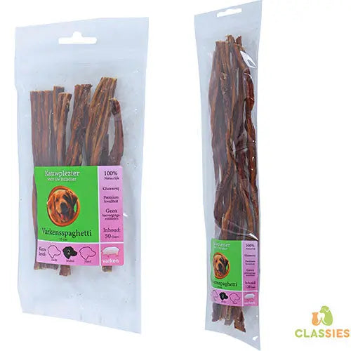 Natuurlijke Snack Varken - Varkensspaghetti verkrijgbaar in 15 cm/50 gram of 35 cm/120 gram Classies