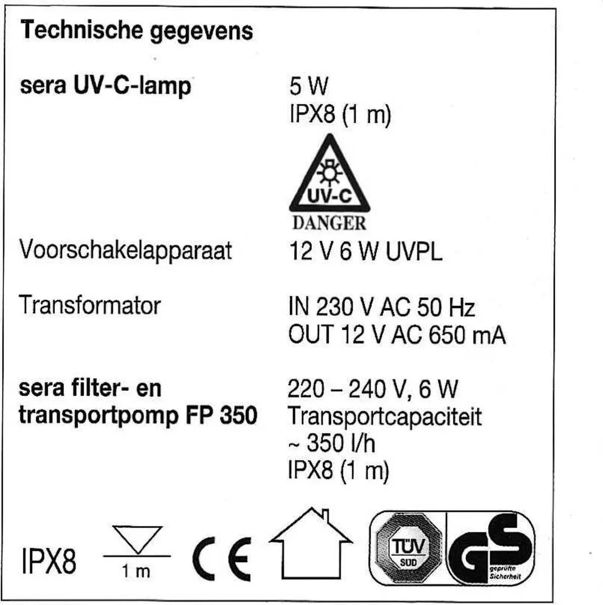 Sera algovec uv interne uv lamp tot 100 liter Classies