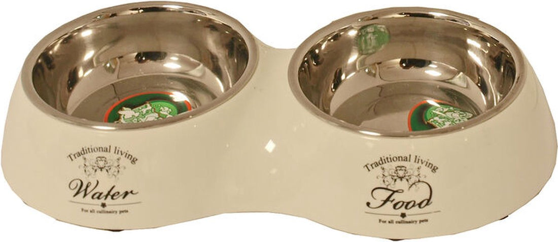 Honden voerbak dubbel water en voer - beige - 27 cm.