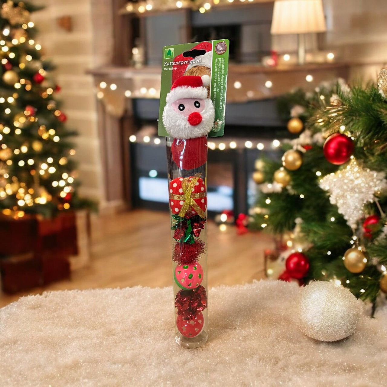 Kerstspeeltjes Voor Katten – Kerstkoker met Pluche & Balletjes - per 1 stuk