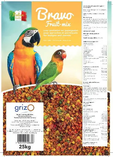 Opfokvoer Bravo fruit mix grof parkieten en papegaaien 1- 5 -25 kg Classies