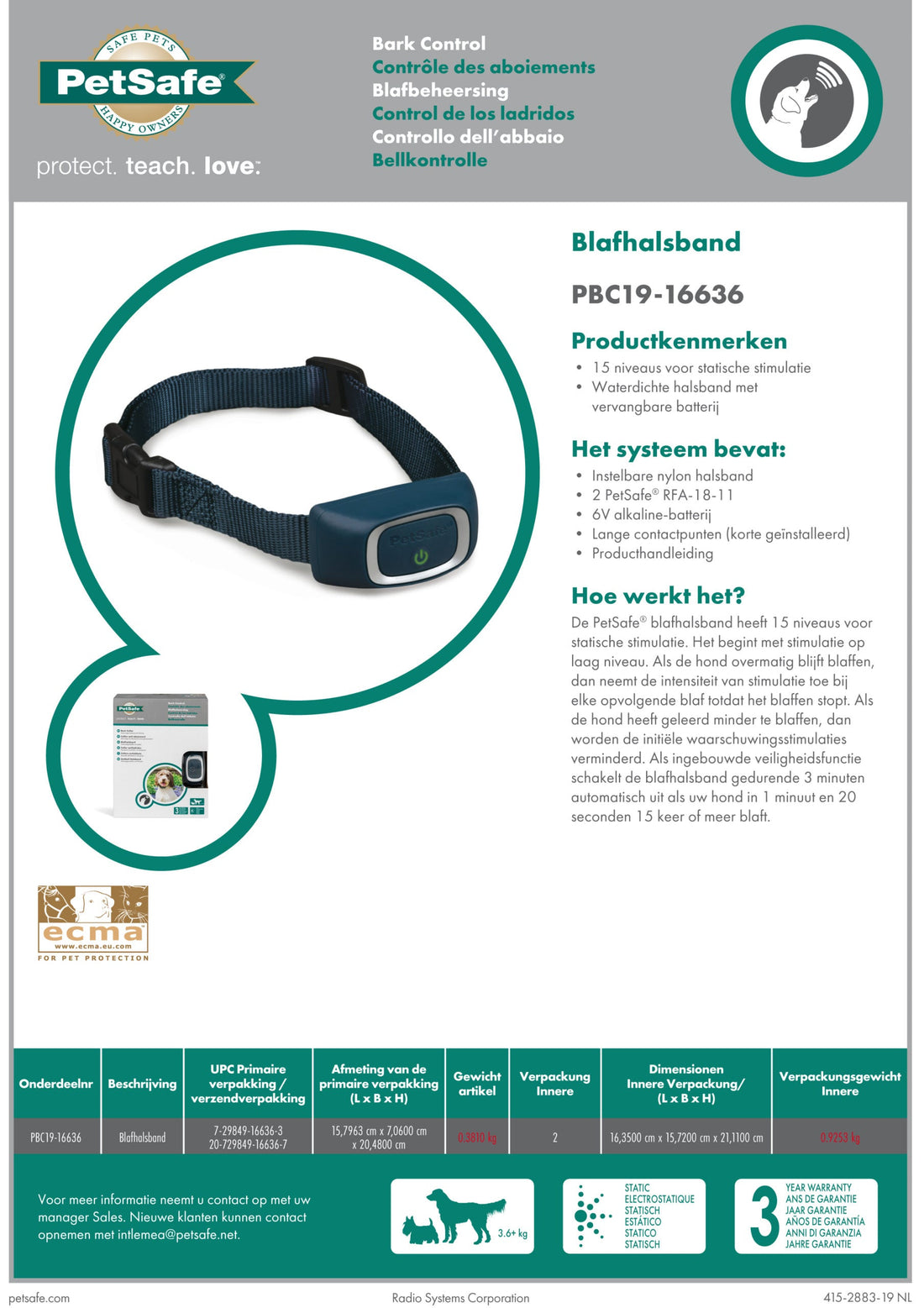 PetSafe® anti-blafband Statische Stimulatie - boven de 3,6 kg Classies