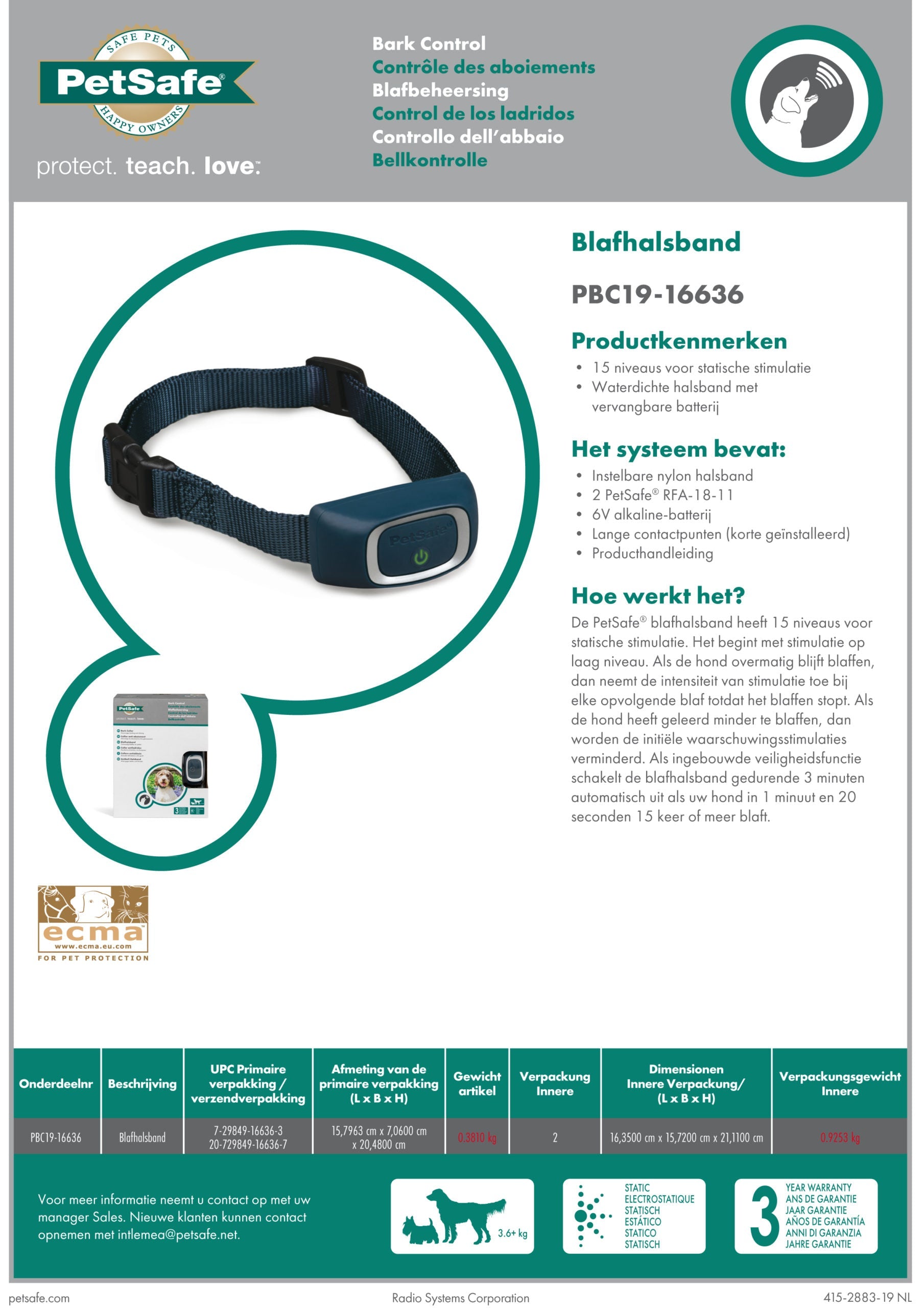 PetSafe® anti-blafband Statische Stimulatie - boven de 3,6 kg Classies
