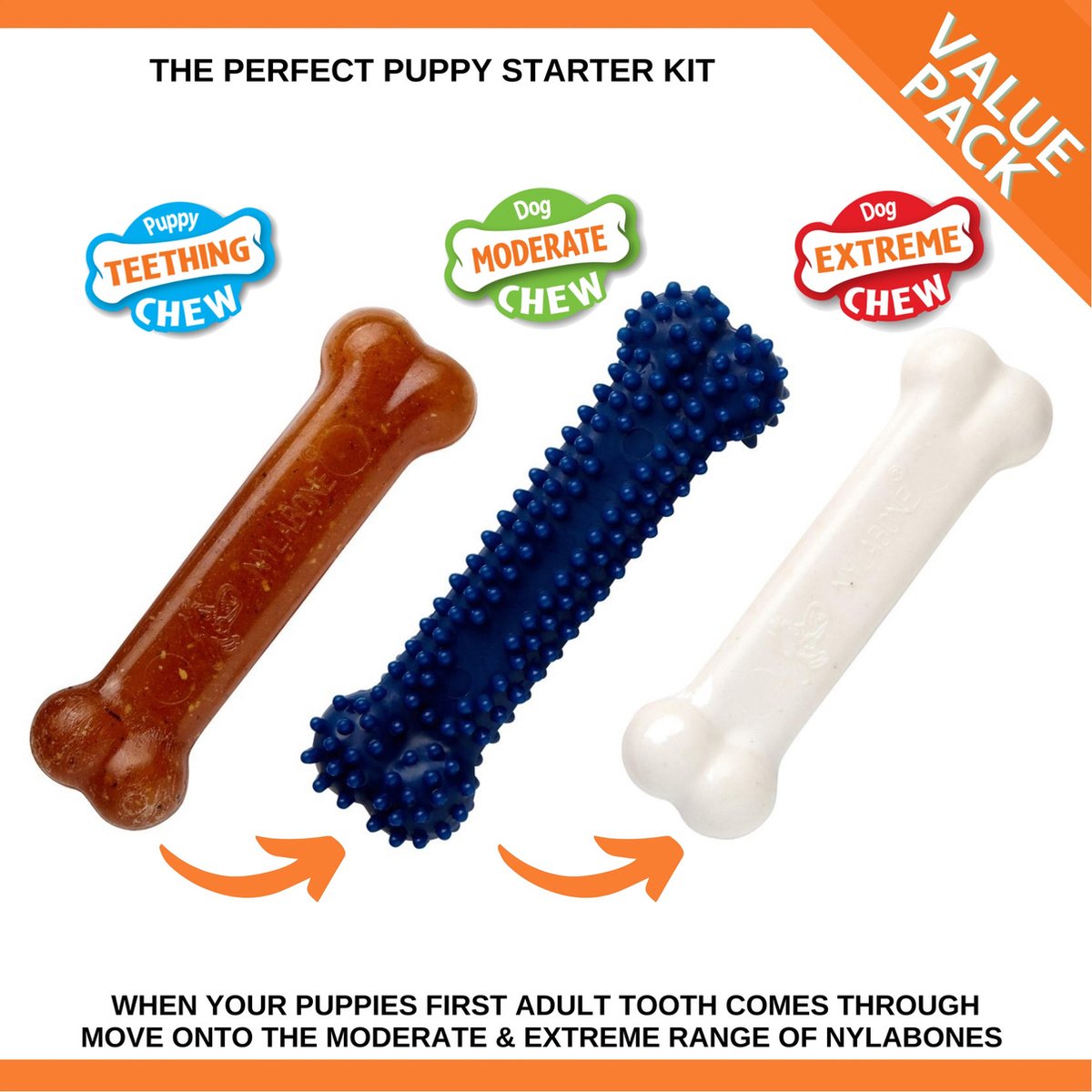 Nylabone Puppy Starterkit - Triopack kauwbotten met kipsmaak voor wisselgebit - Small