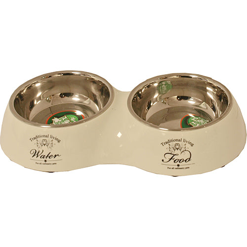 Honden voerbak dubbel water en voer - beige - 27 cm.