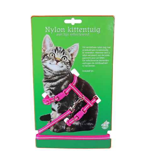 Kittentuig met lijn Nylon Neon Roze Relecterend