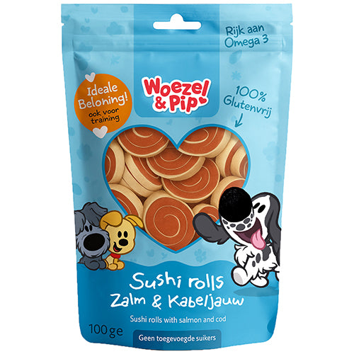 Woezel &amp; Pip sushi rolls zalm &amp; kabeljauw 100 gram