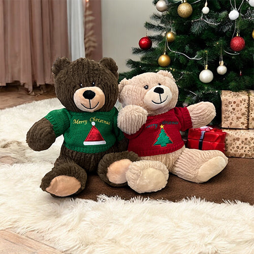 Kerstknuffel beer met kersttrui beige of bruin - 25 cm