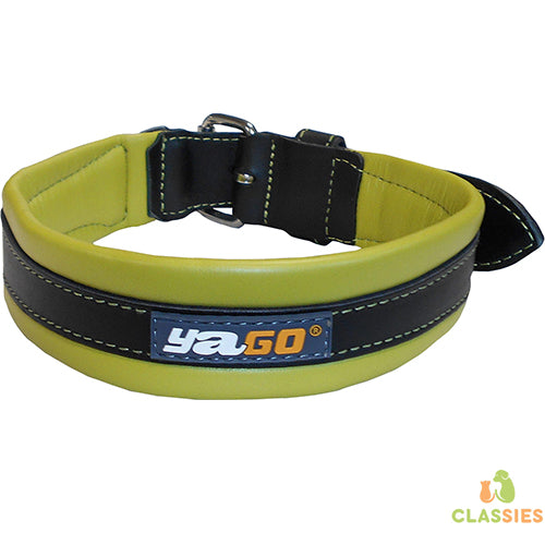 Yago lederen halsband zwart en groen zacht verstelbaar